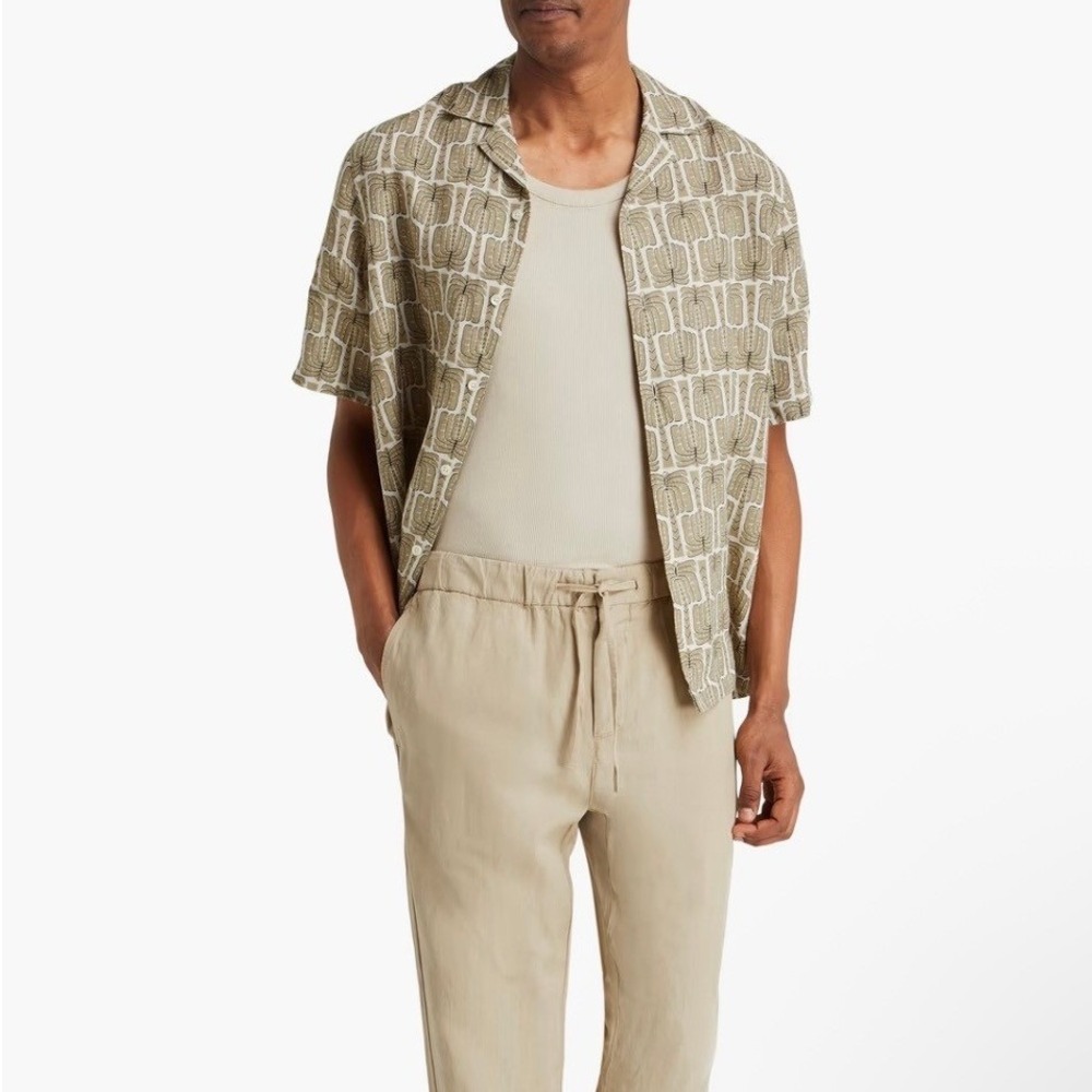 Frescobol Carioca Roberto Palm Print Linen Shirt Short‎ Sleeve Sage Moss M